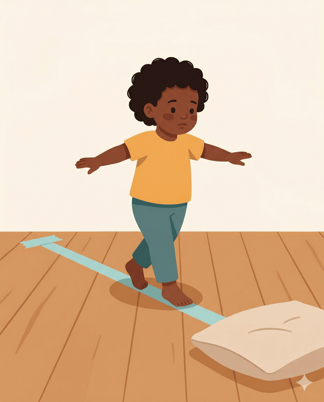 Child balancing along a tape line on wooden floor with arms stretched wide