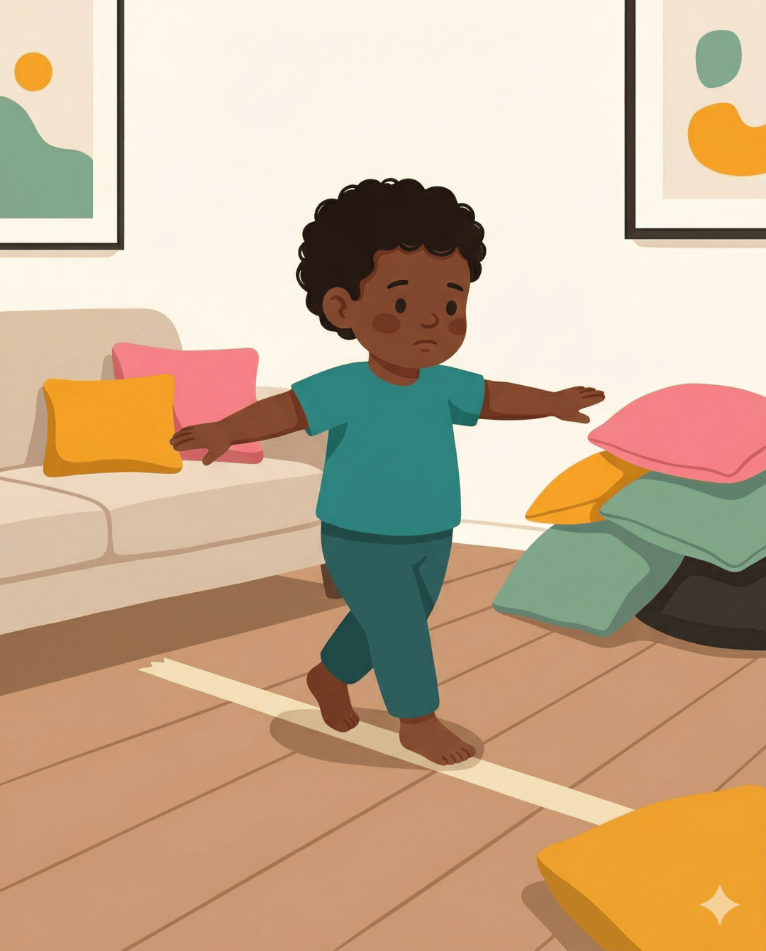 Toddler walking a tape balance beam in a living room with cushion obstacles nearby