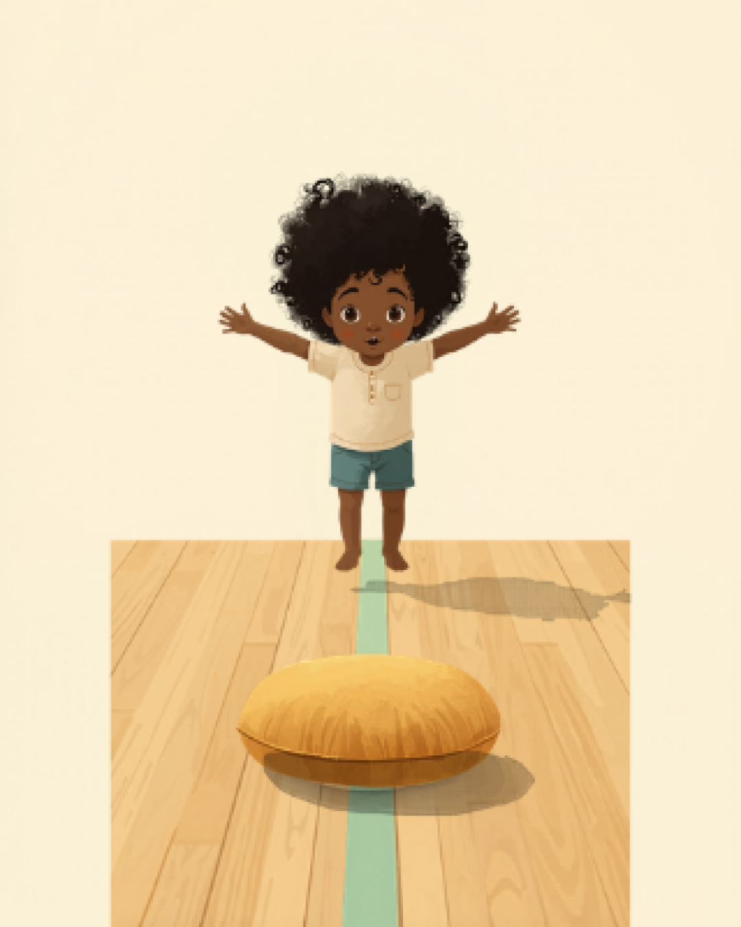 Toddler walking carefully along a tape line on the floor, arms out for balance