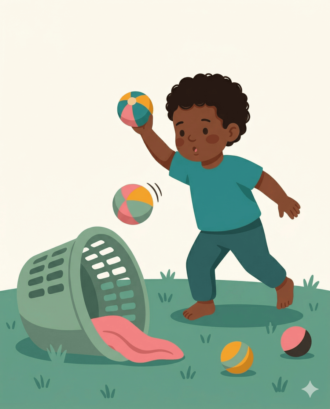 Child mid-throw aiming a colourful ball at a laundry basket in the garden