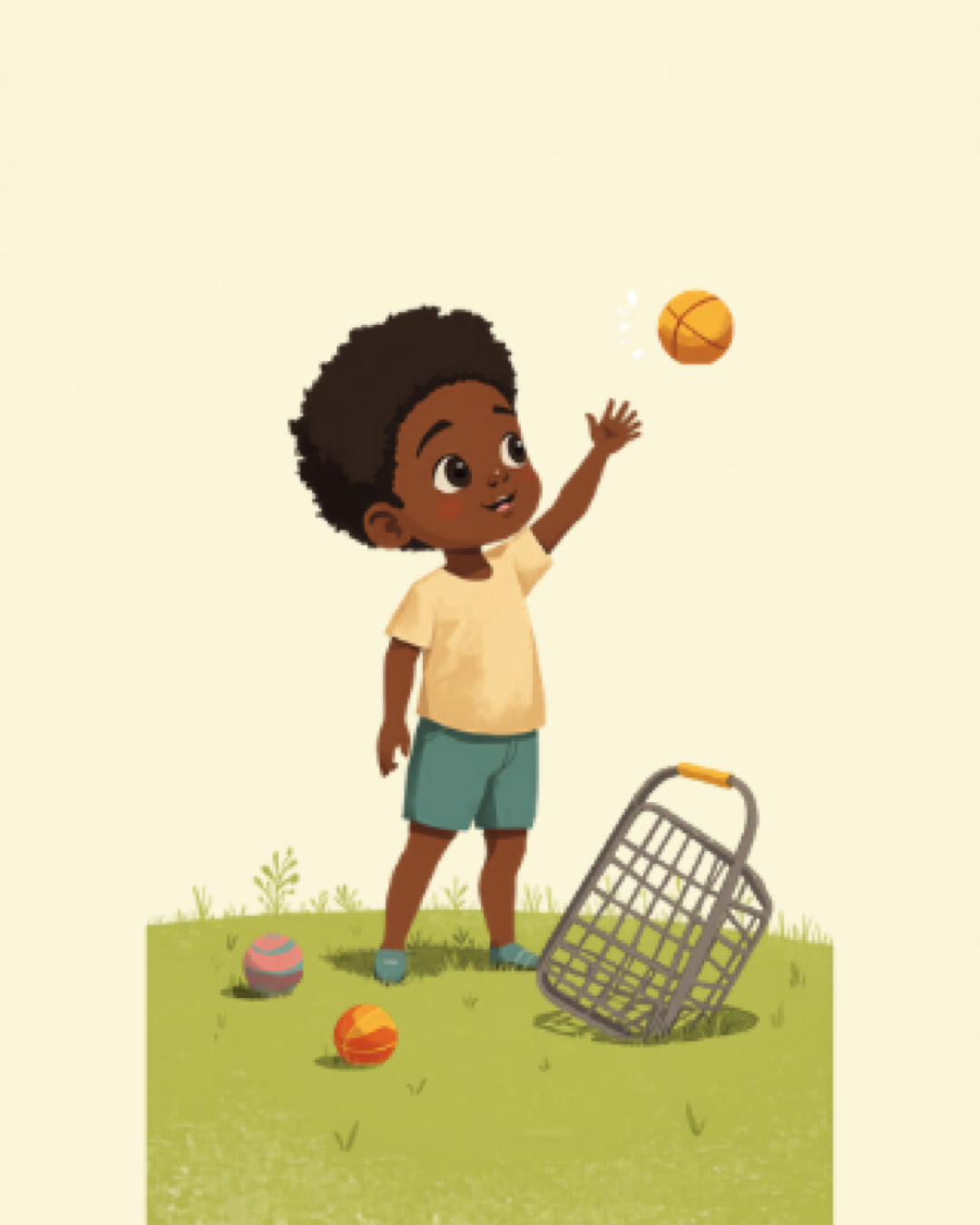 Toddler throwing a soft ball at a basket target in the garden