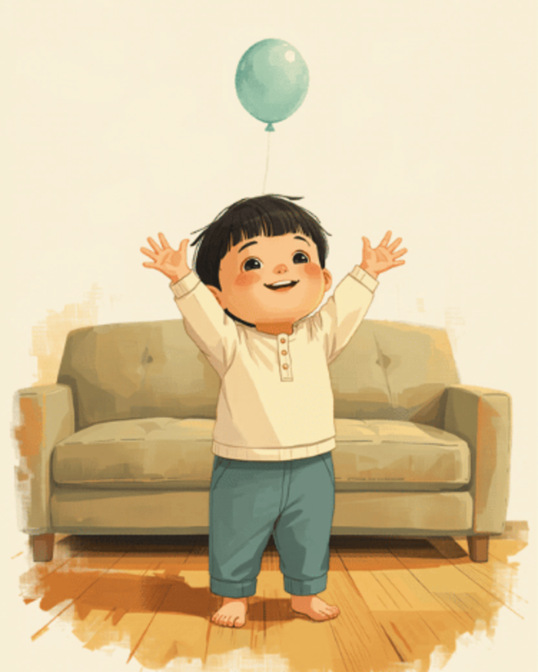 Toddler reaching up with both hands to bat a floating balloon in front of a sofa