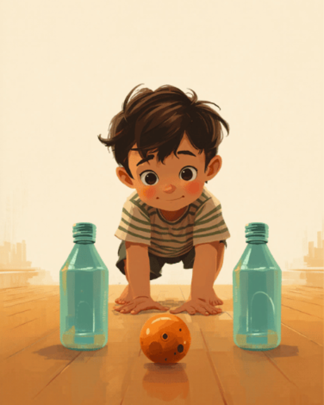 Toddler crouching in a hallway rolling a ball toward plastic bottles set up like bowling pins
