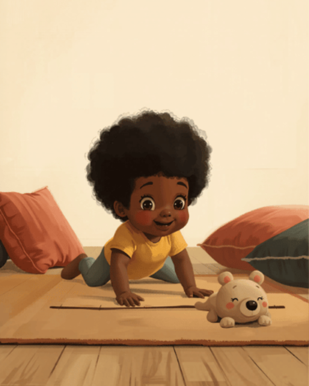 Toddler and parent bear-crawling across a living room floor toward a soft finish-line toy