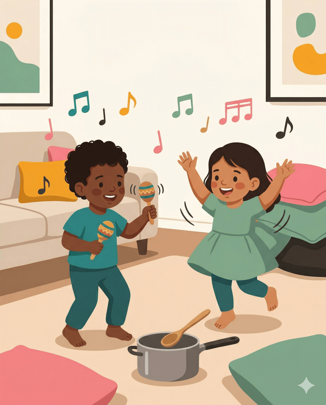 Two children dancing in a living room with maracas, musical notes, and a pot drum