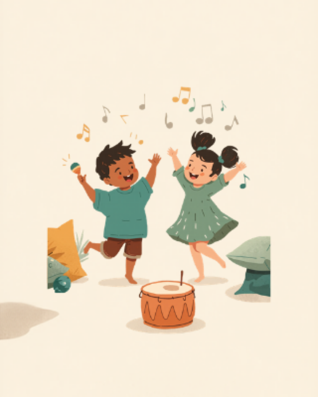 Two toddlers dancing joyfully, one shaking a maraca