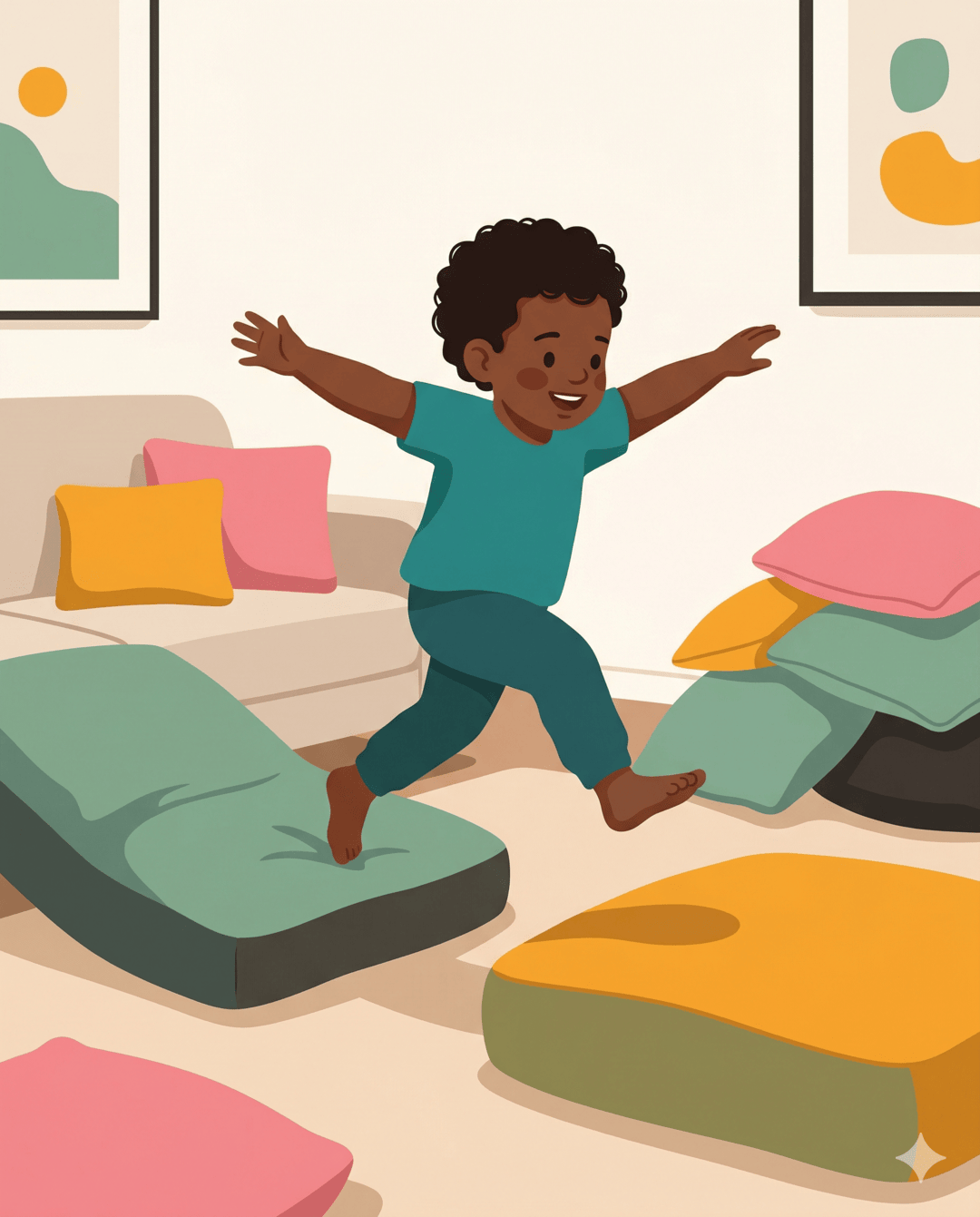 Toddler jumping mid-air between colourful cushions scattered across a living room