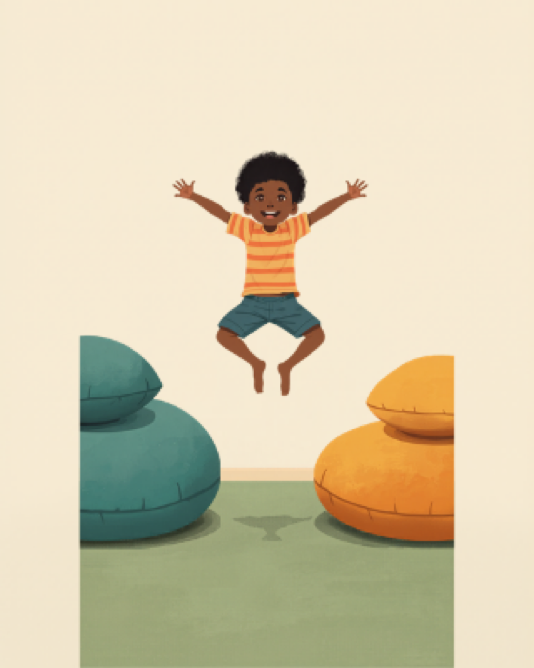 Child leaping between floor cushions in a living room obstacle course