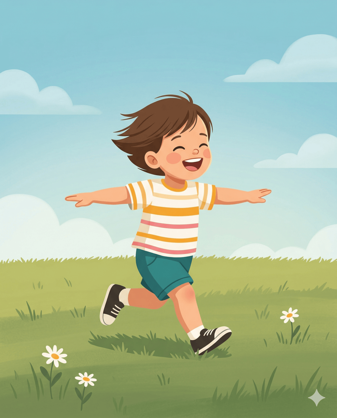 Laughing boy running across a field with arms wide, daisies in the grass
