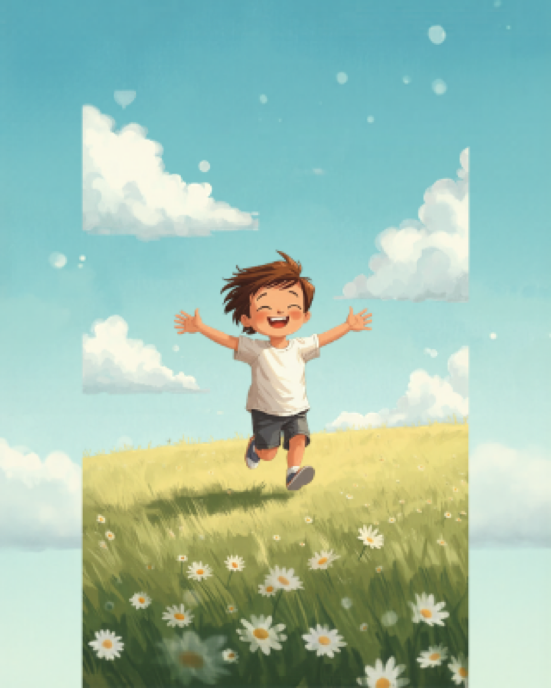 Child running across a grassy field with arms stretched like aeroplane wings