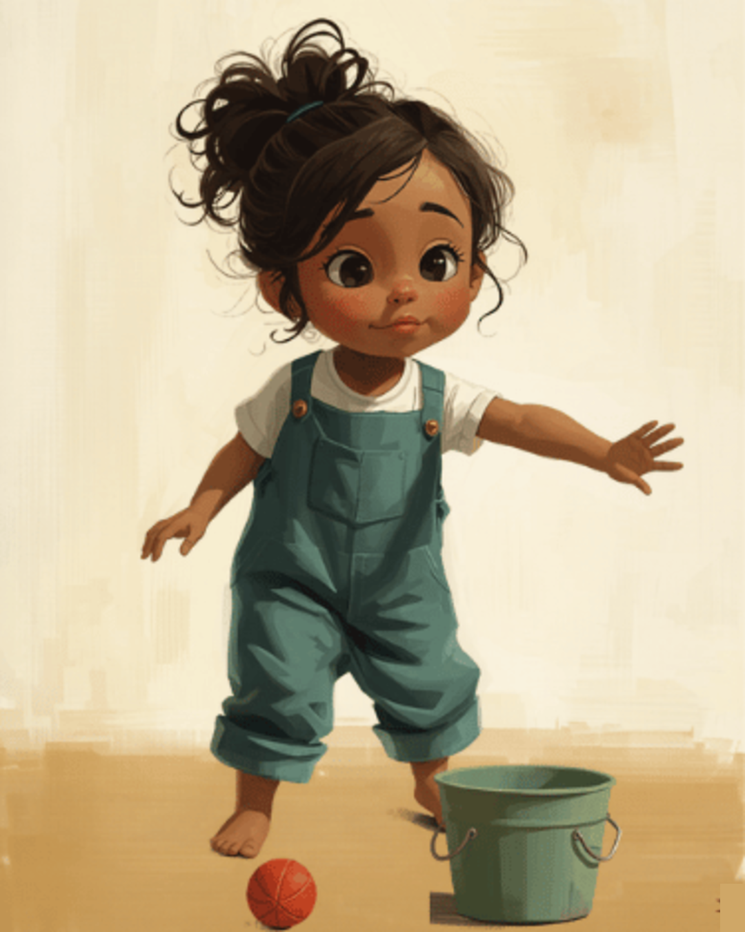 Toddler mid-throw tossing a soft ball toward a laundry basket indoors