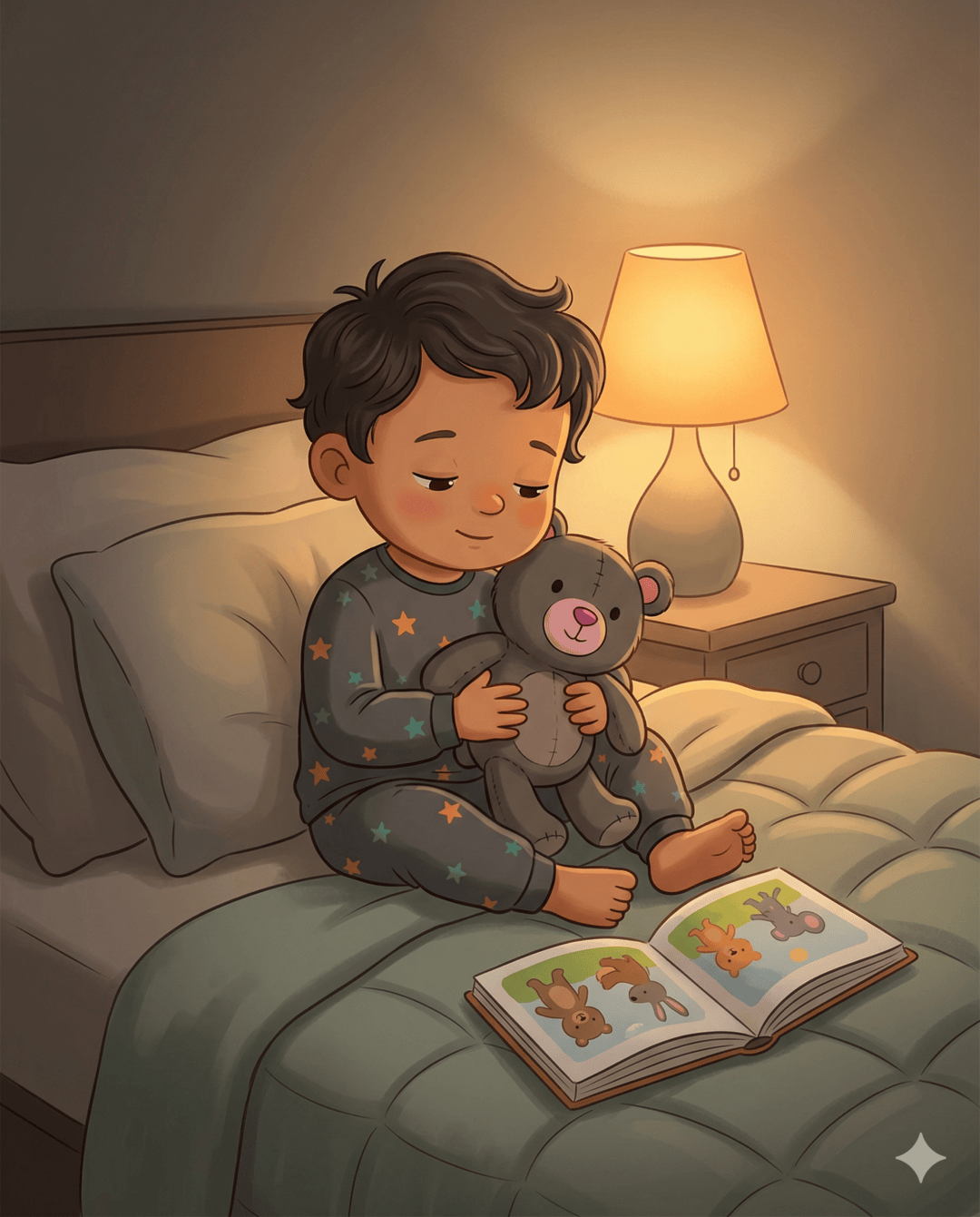 Boy in star pyjamas hugging a teddy bear on a bed with a warm lamp and picture book