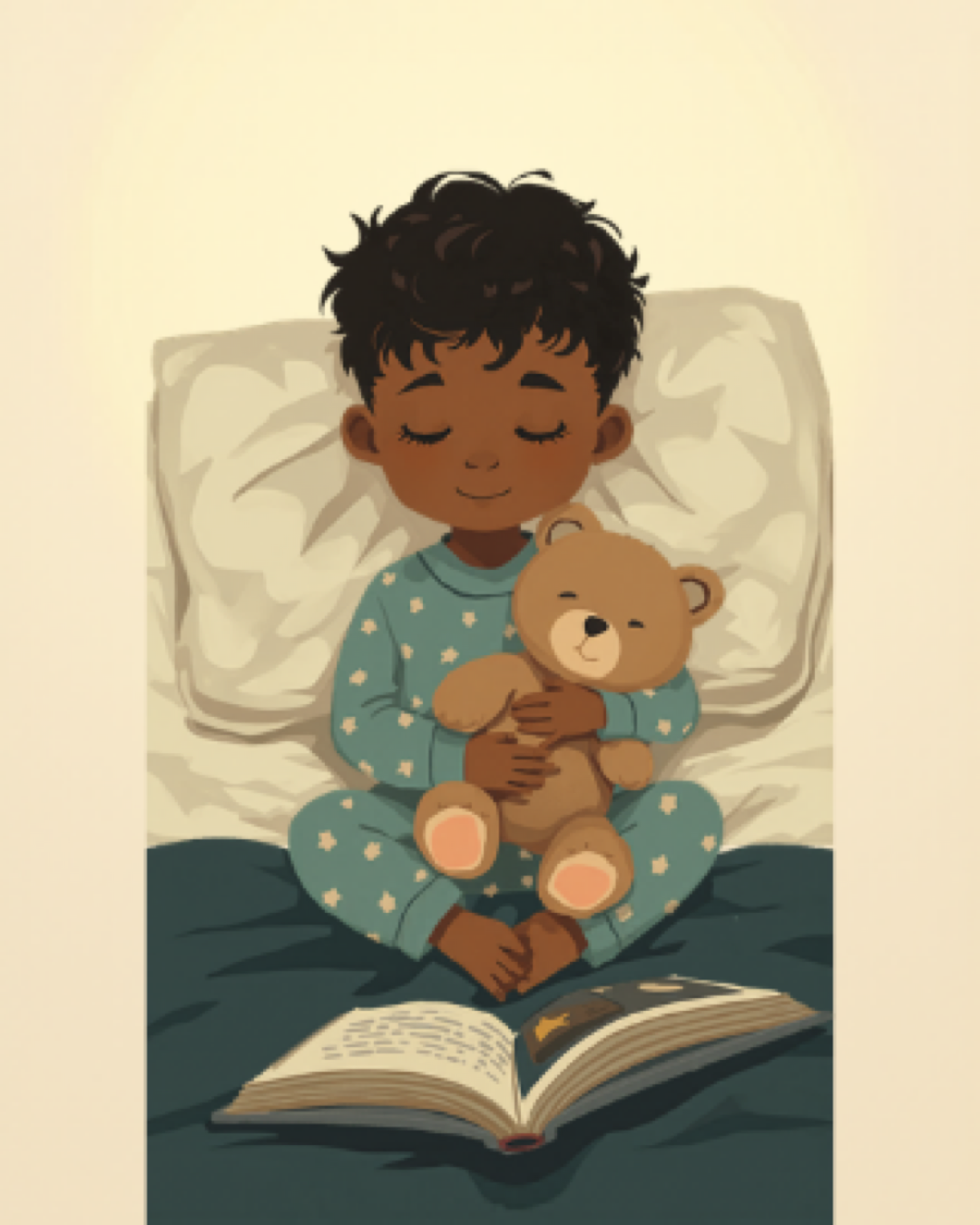 Child in pyjamas holding a stuffed bear, warm bedside lamp glowing