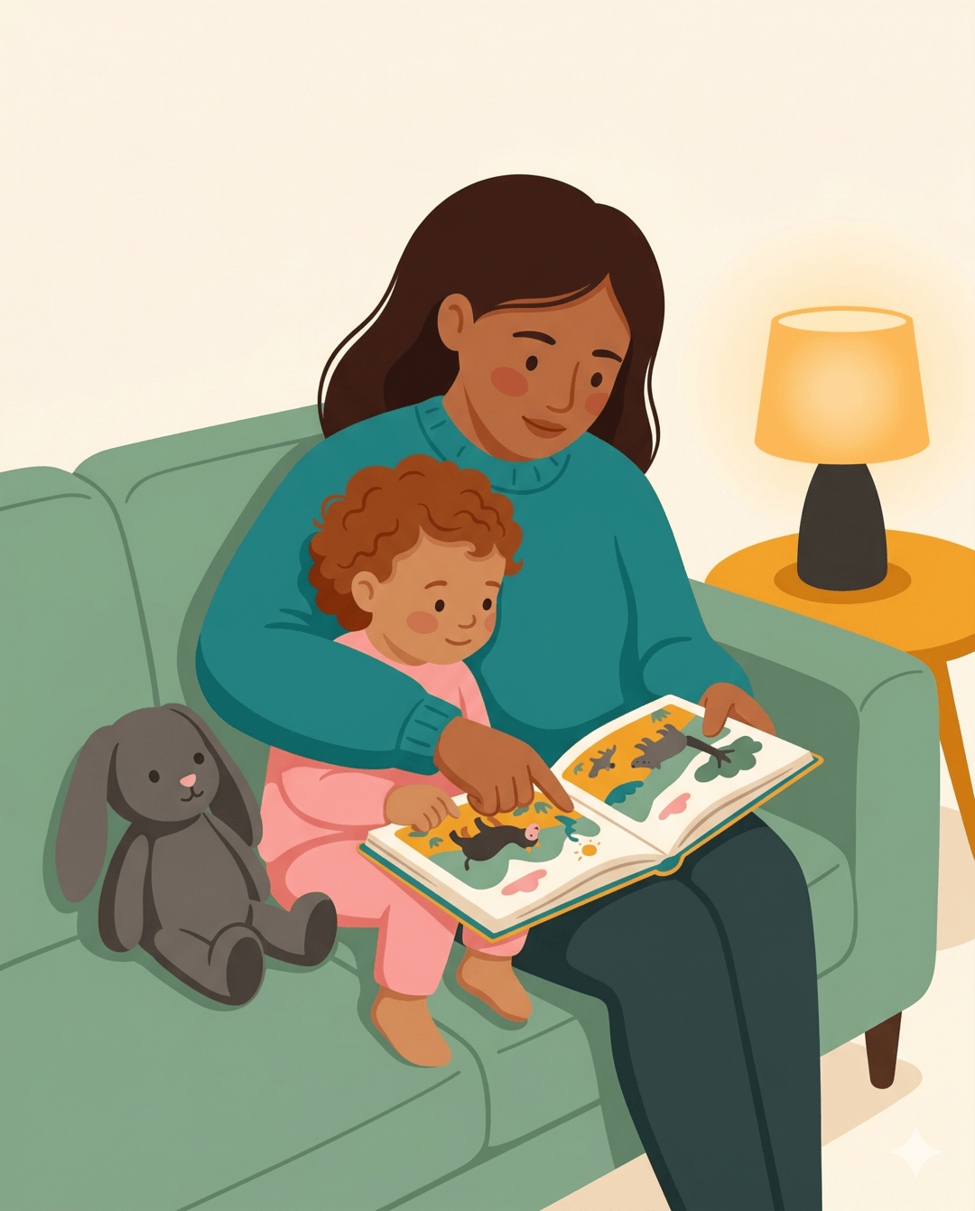 Parent and curly-haired toddler cuddled on a green sofa reading a picture book together