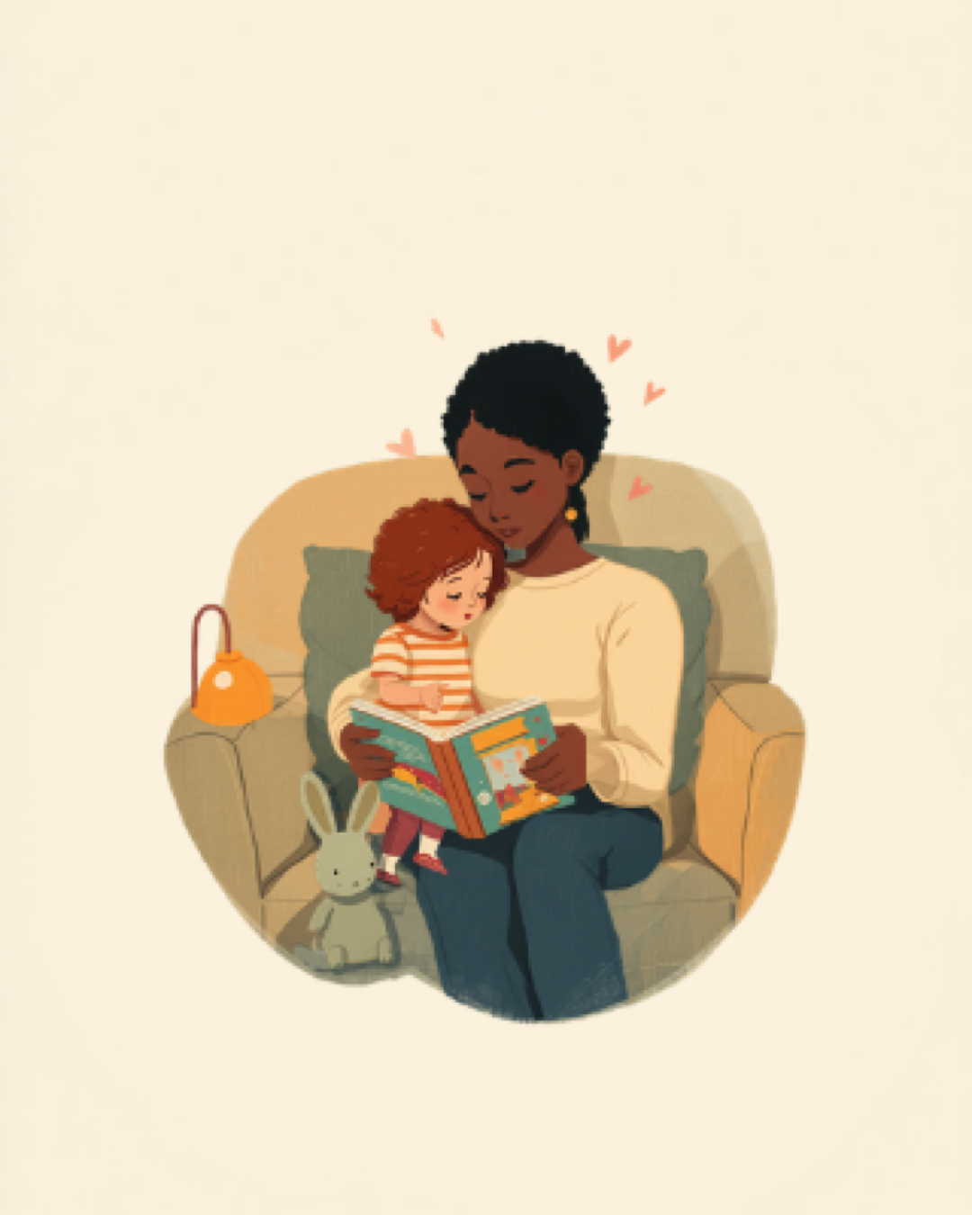 Parent and child on a sofa with a picture book, warm lamp light