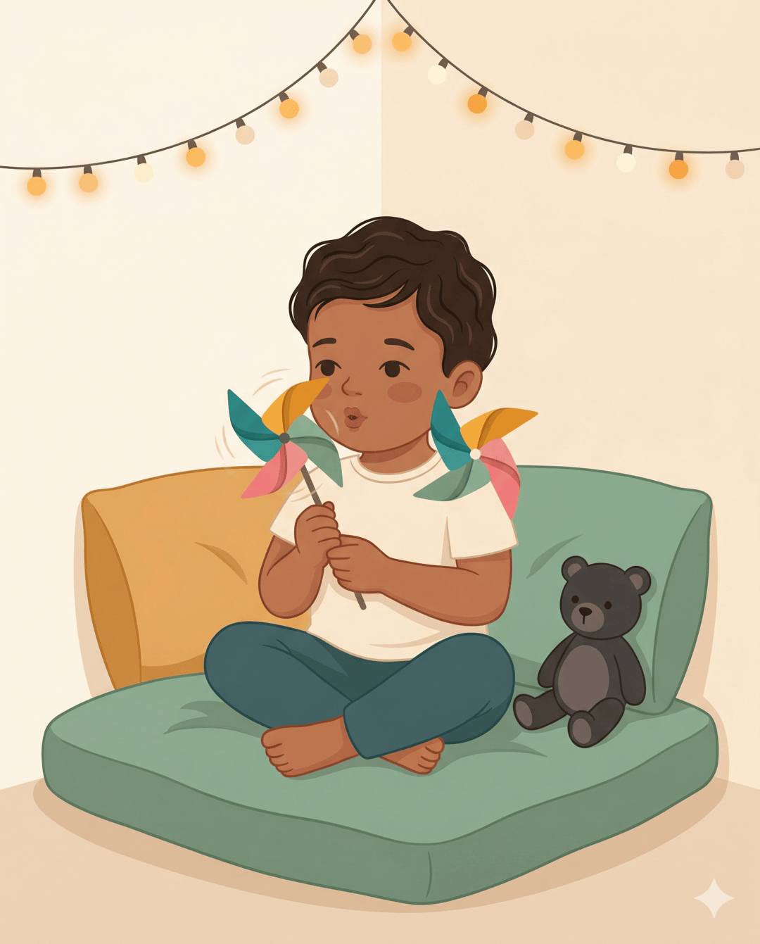 Boy sitting cross-legged on a teal cushion blowing a pinwheel with fairy lights above