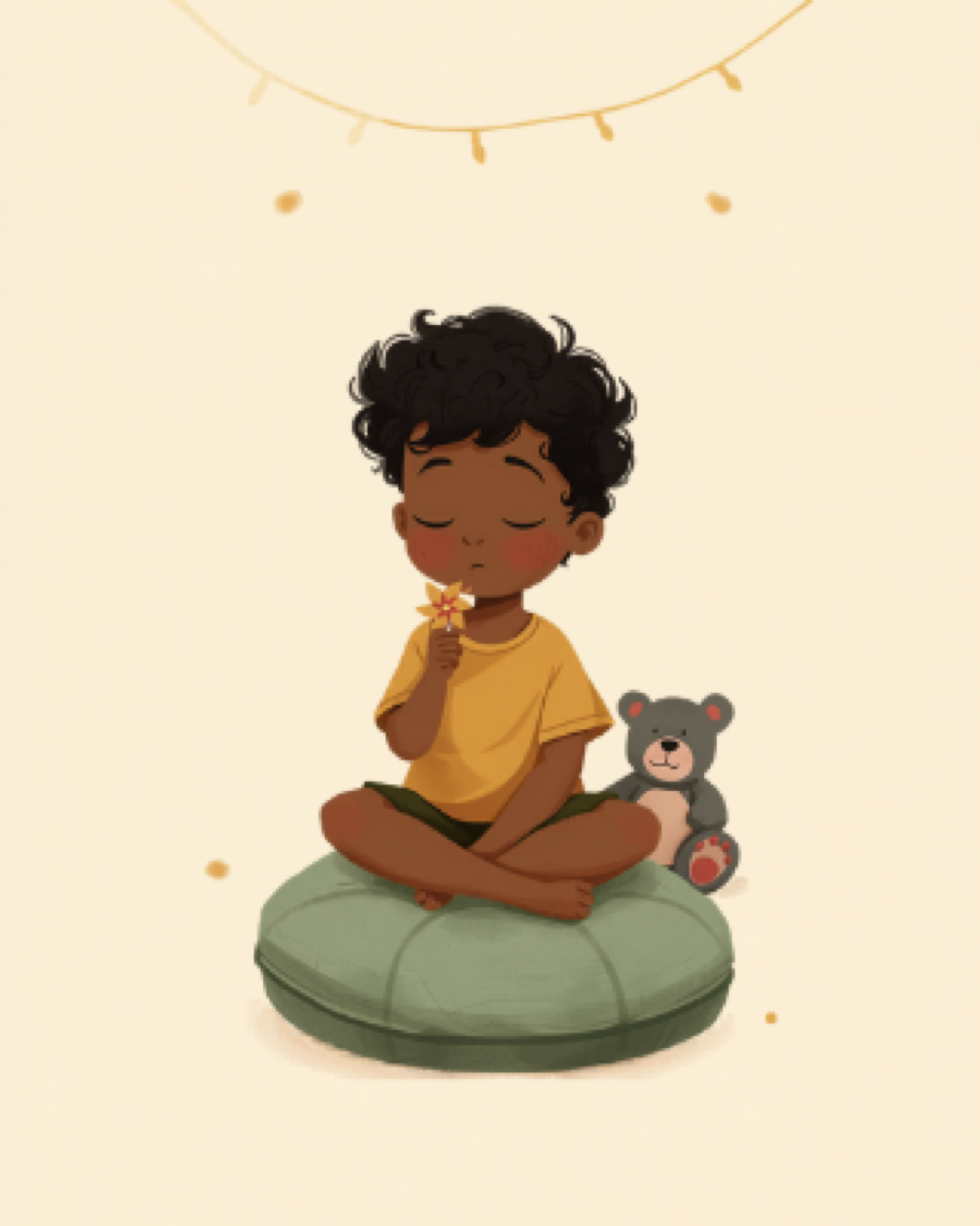 Toddler on a cushion gently blowing a pinwheel in a cosy corner