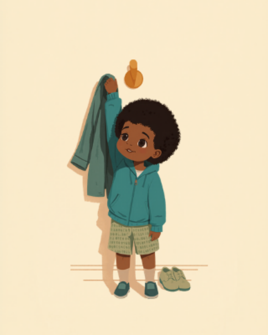 Toddler reaching up to hang a jacket on a low coat hook, looking proud