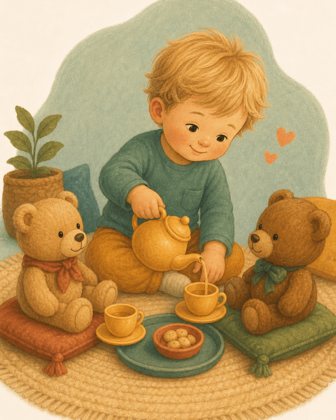 Toddler hosting a teddy bears' tea party on a rug, pouring pretend tea