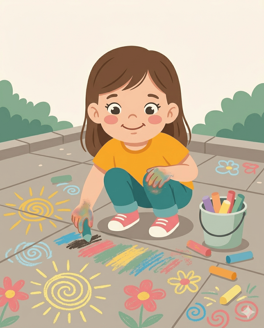 Brown-haired girl crouching outdoors drawing chalk suns and flowers on pavement