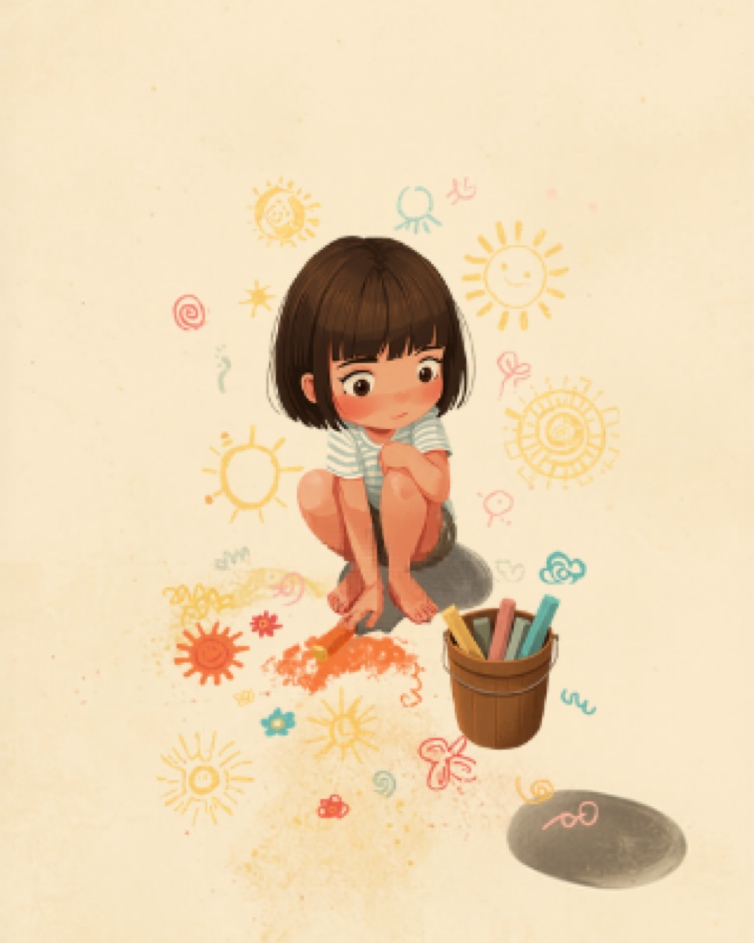 Child crouching on pavement drawing bright suns and flowers with chalk