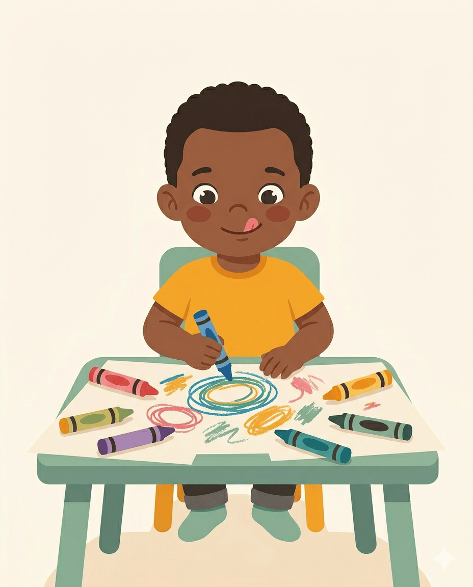 Dark-skinned toddler drawing colourful crayon circles with tongue out in concentration