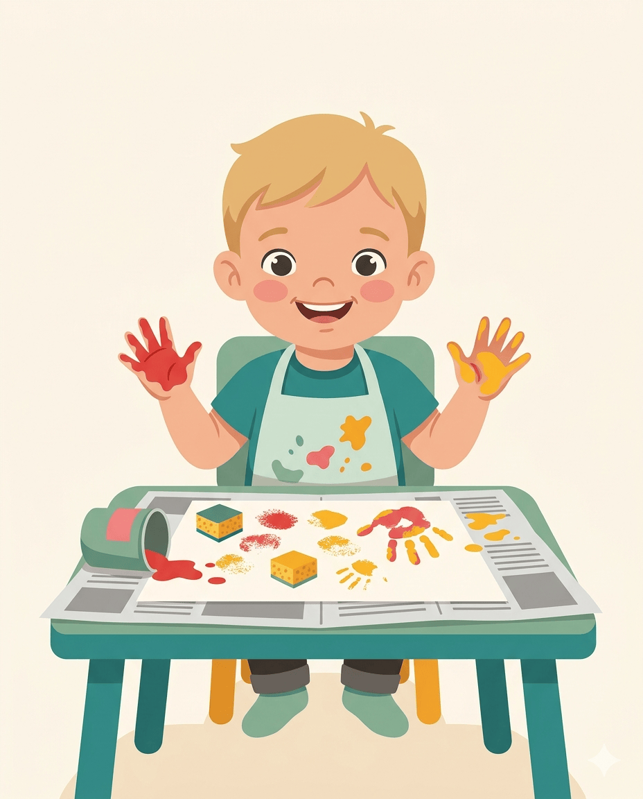 Blonde toddler in an apron showing paint-covered hands over sponge prints and handprints