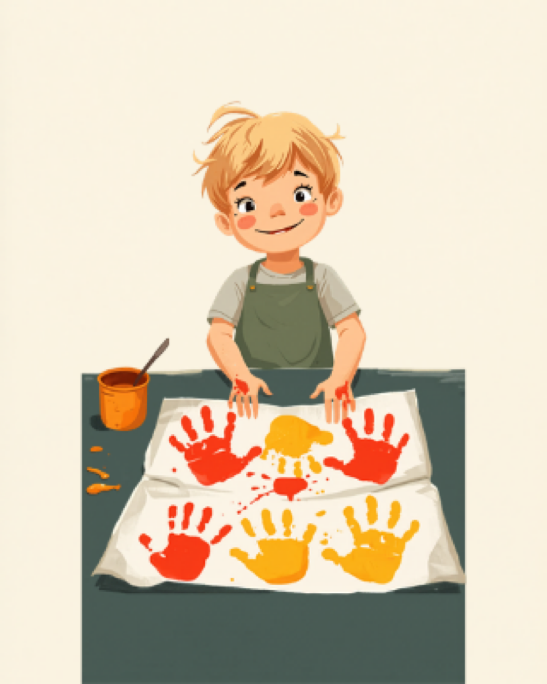 Toddler at a table covered in colourful paint splotches, grinning with pride