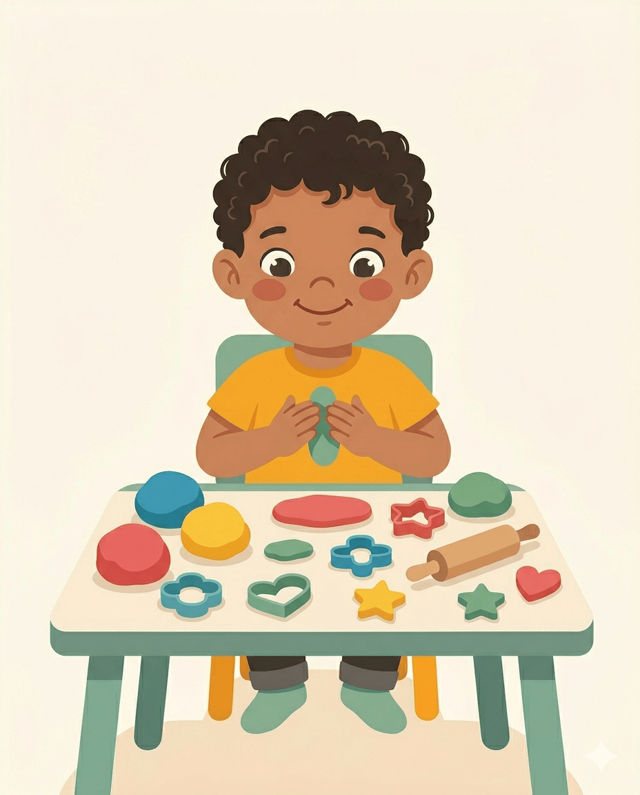Child shaping teal playdough at a table with colourful dough balls and cookie cutters