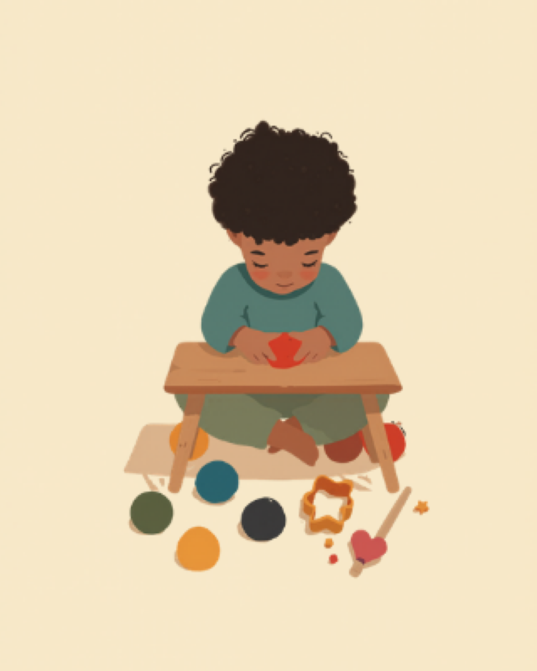 Toddler rolling colourful playdough with cookie cutters on a table