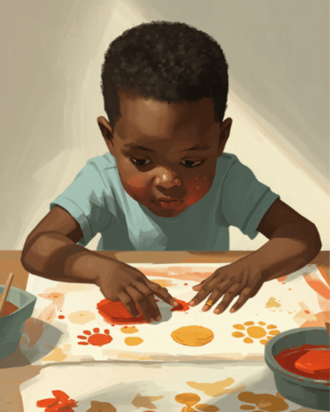 Toddler pressing a paint-covered vegetable stamp onto paper at a kitchen table