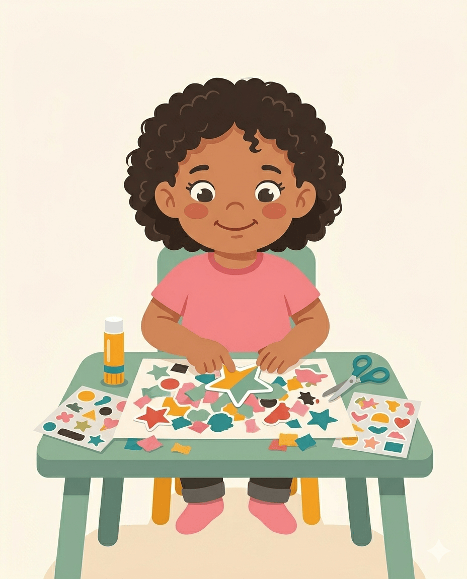 Curly-haired girl pressing a star sticker onto a table full of colourful shapes