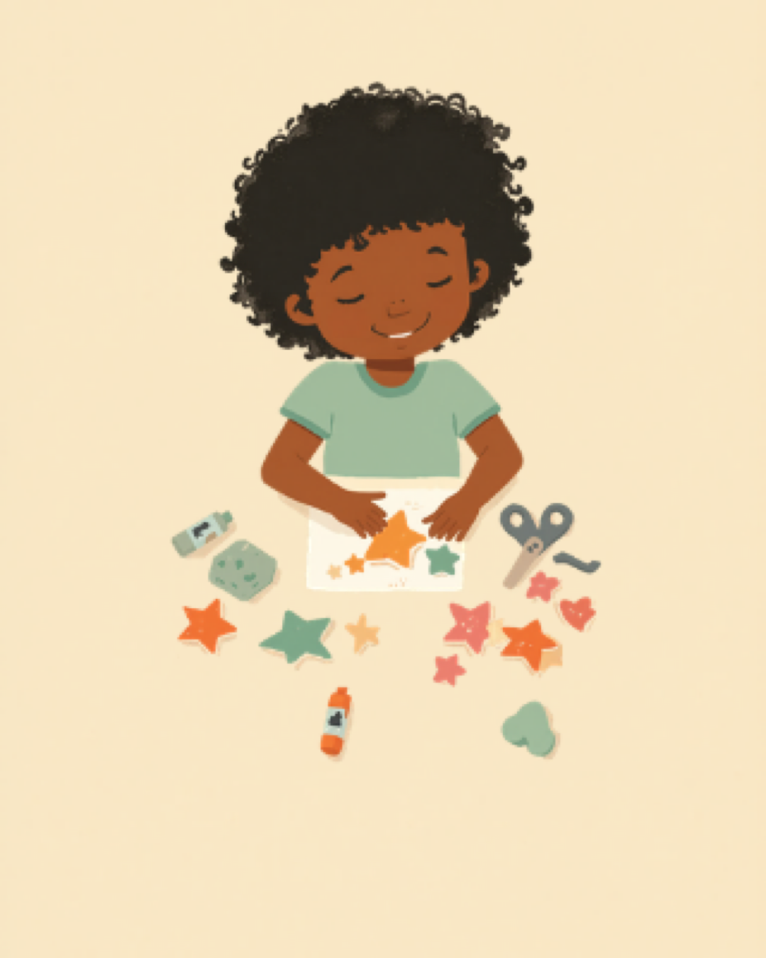 Child pressing colourful stickers onto paper with tissue paper and glue