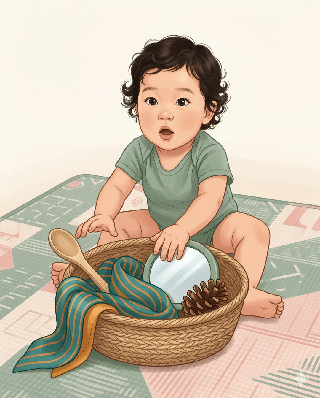 East Asian baby on a play mat reaching into a wicker basket with a wooden spoon and scarf