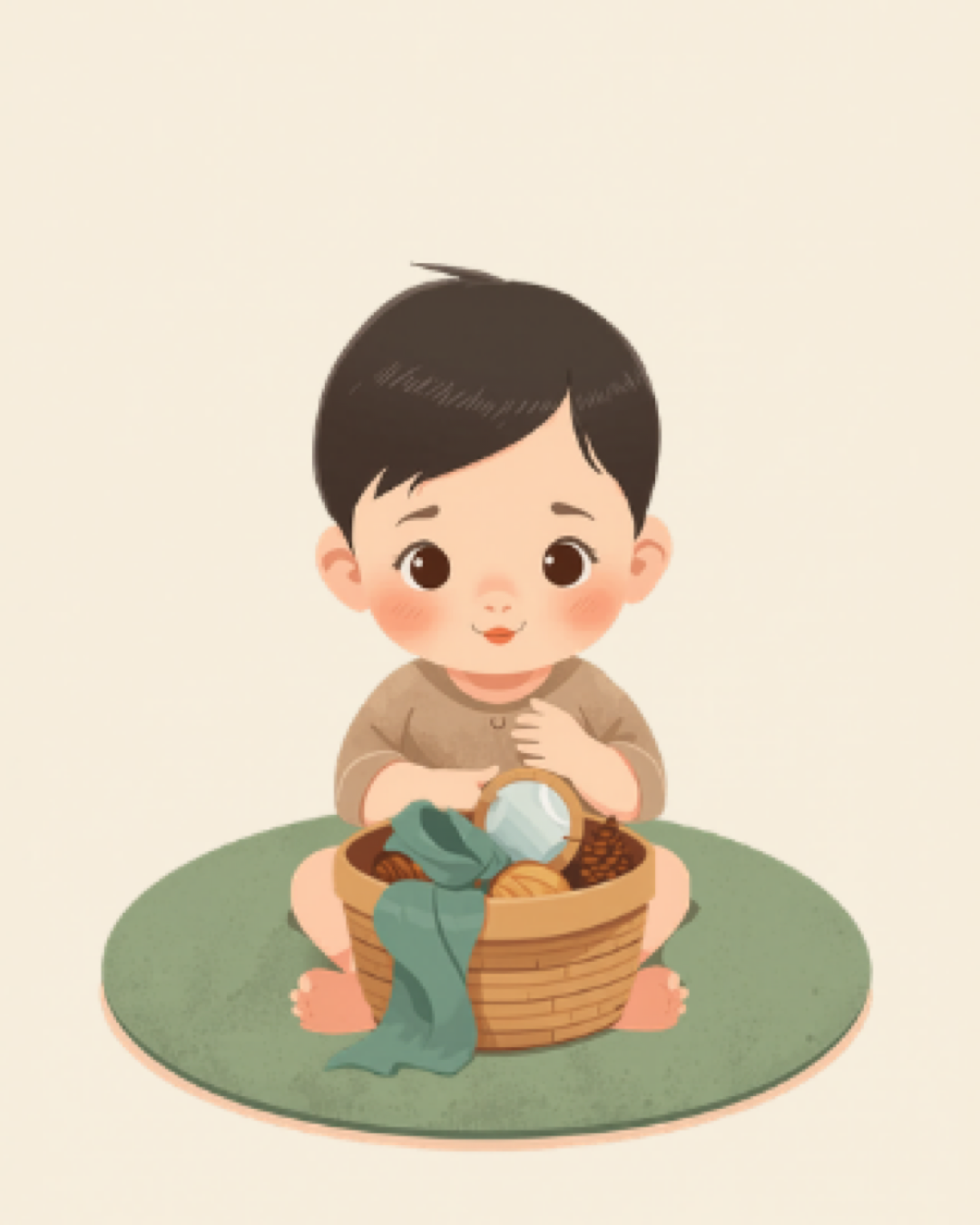Young baby reaching into a treasure basket of safe objects on a play mat