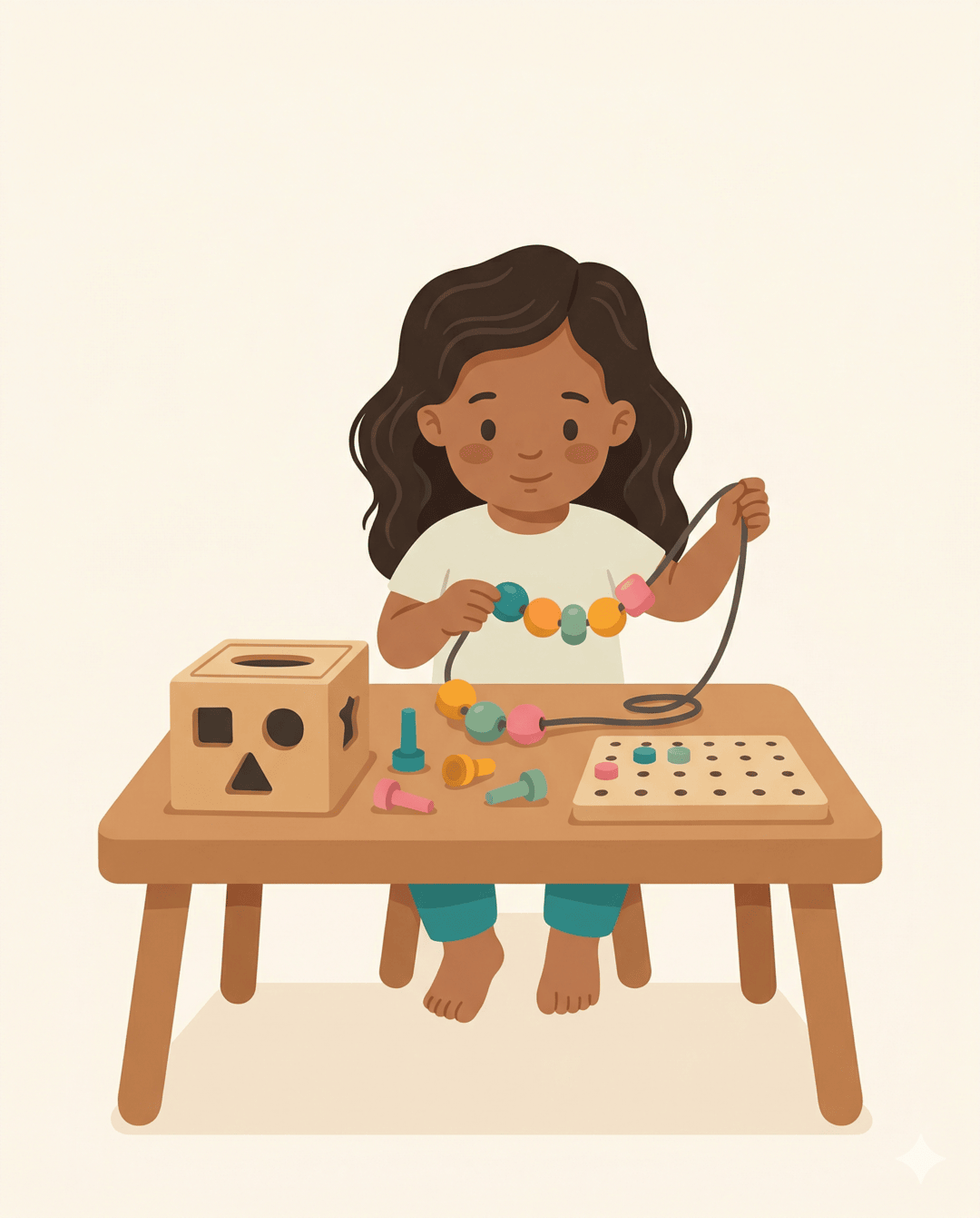 Girl with wavy dark hair threading colourful beads with a posting box and pegboard nearby
