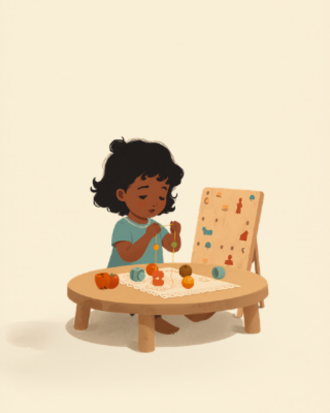 Toddler threading large beads onto a lace at a low table