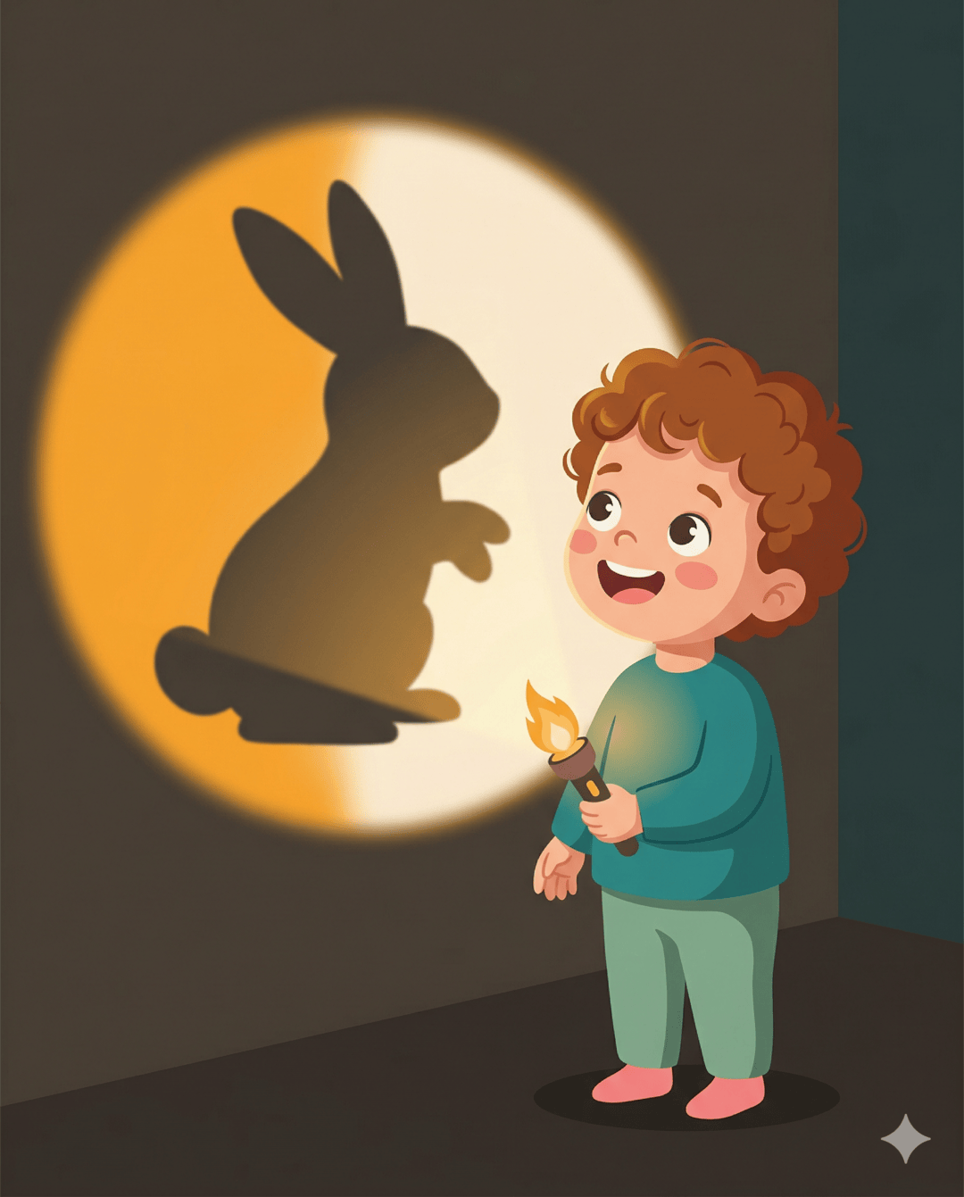 Auburn-haired boy holding a torch with a rabbit shadow puppet cast on the wall