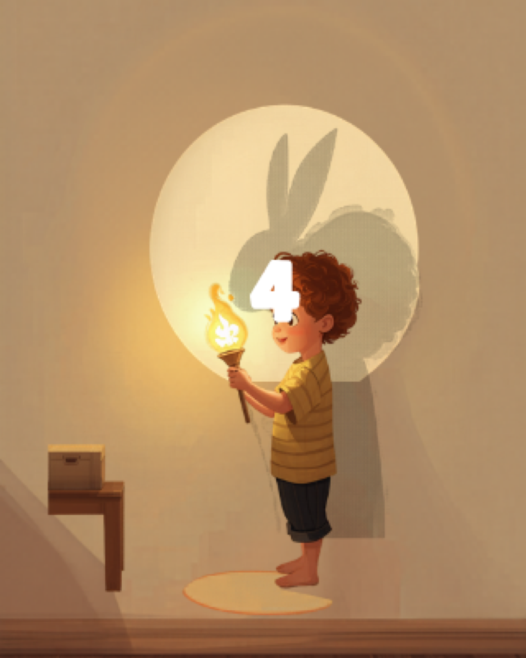 Child holding a torch making shadow puppets on a wall in a dim room