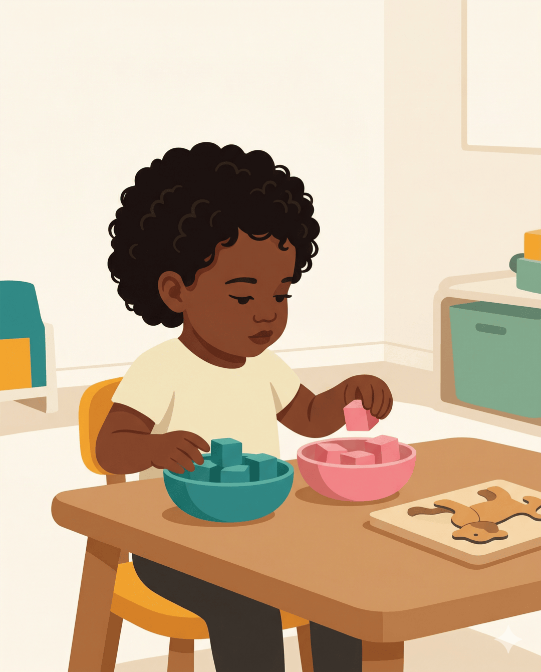 Dark-skinned toddler sorting colourful blocks into teal and pink bowls with a puzzle nearby