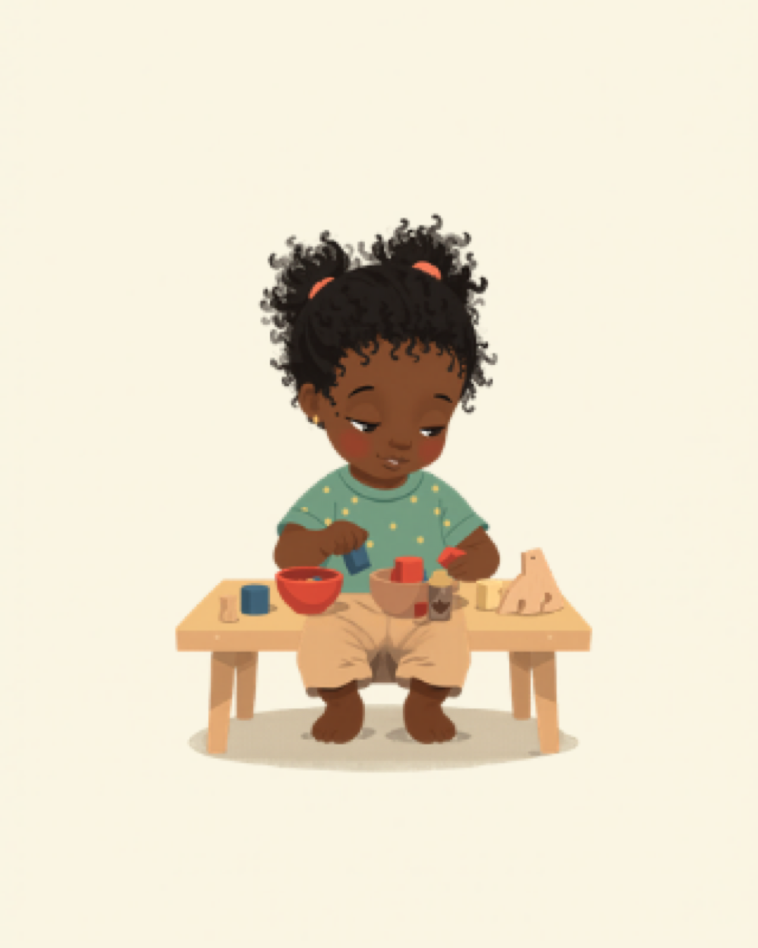 Child sorting colourful blocks into matching bowls at a table