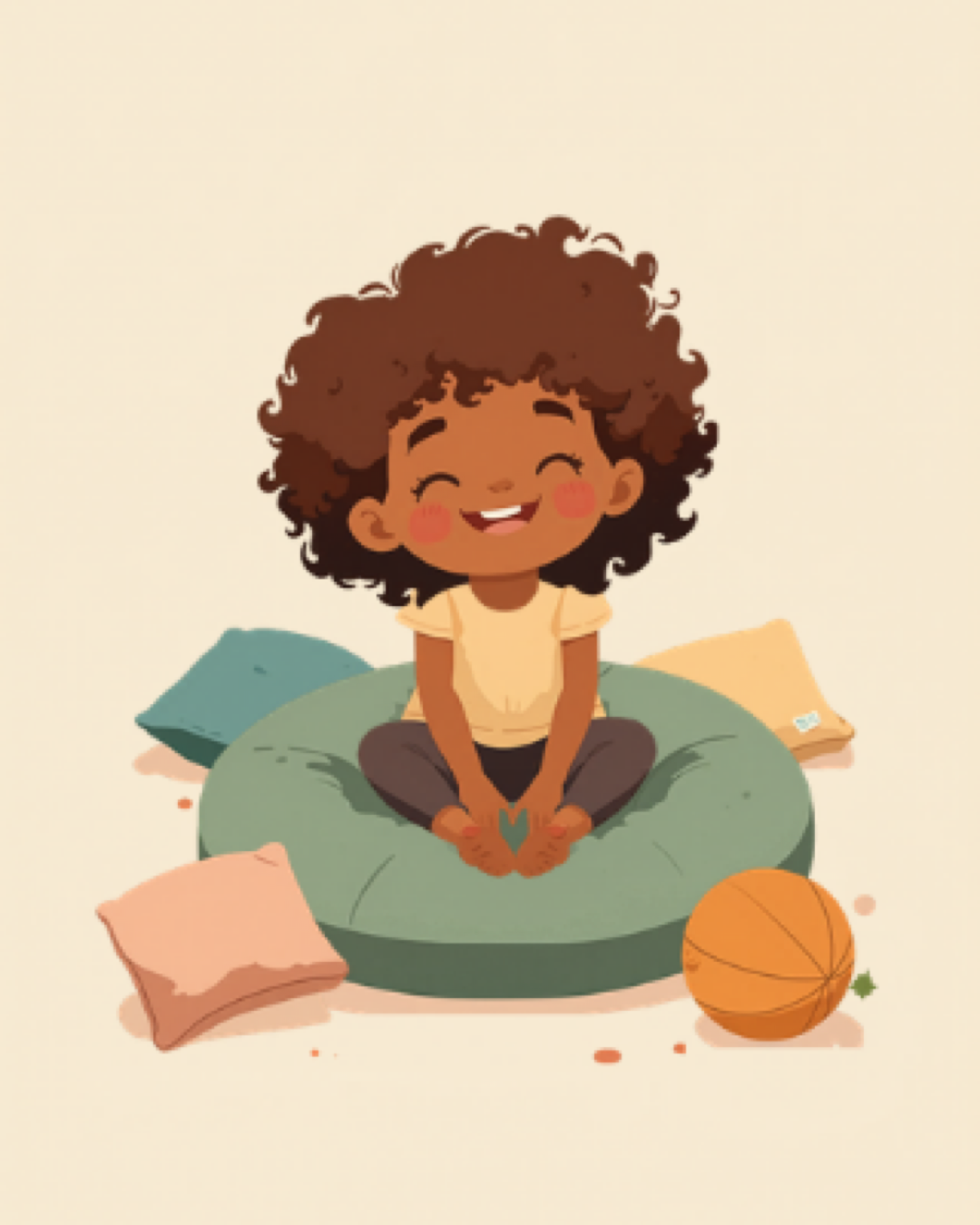Child smiling on a cushion after active play with a ball and scattered cushions nearby
