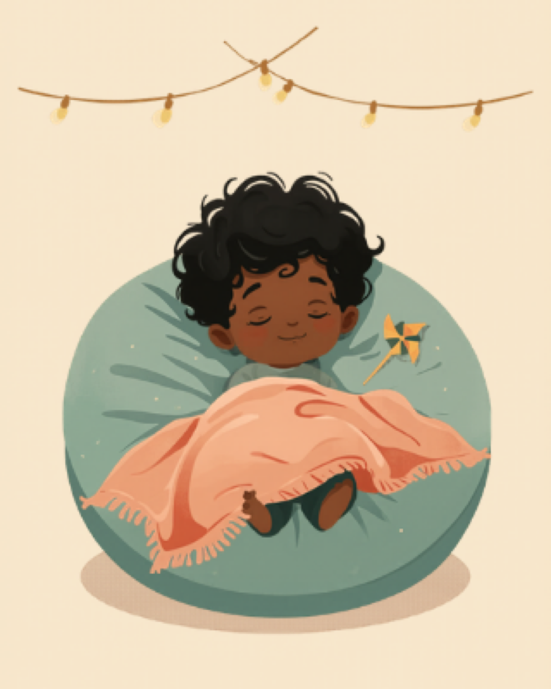 Relaxed child lying on a floor cushion with blanket and pinwheel in a cosy calm corner