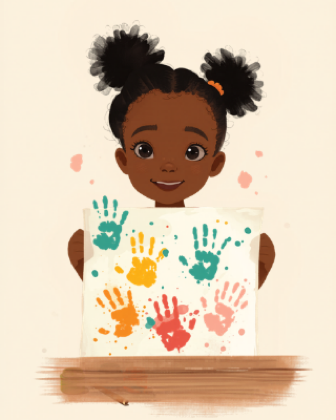 Proud child holding up a painted sheet covered in bright handprints and splatters