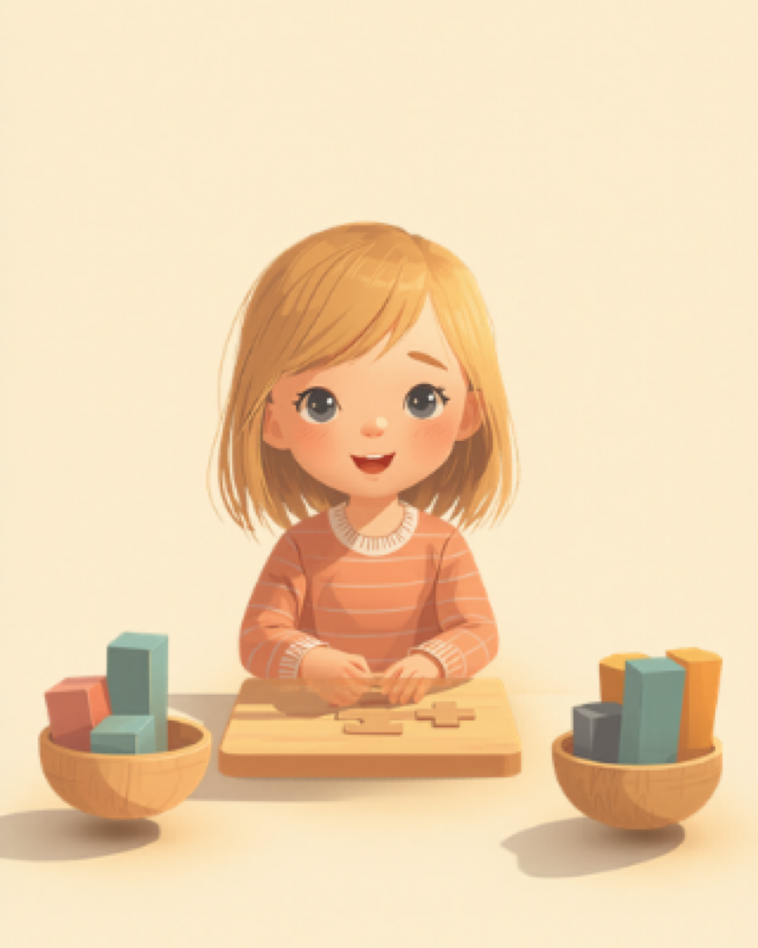 Toddler at a table with a completed puzzle and neatly sorted blocks in a bright aha moment