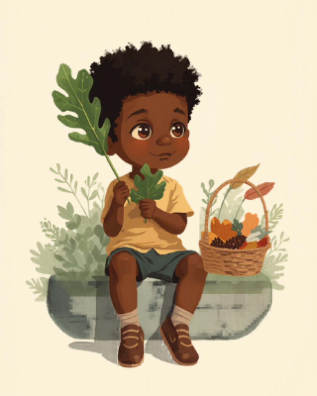 Toddler on a garden step examining a large leaf beside a basket of collected nature treasures
