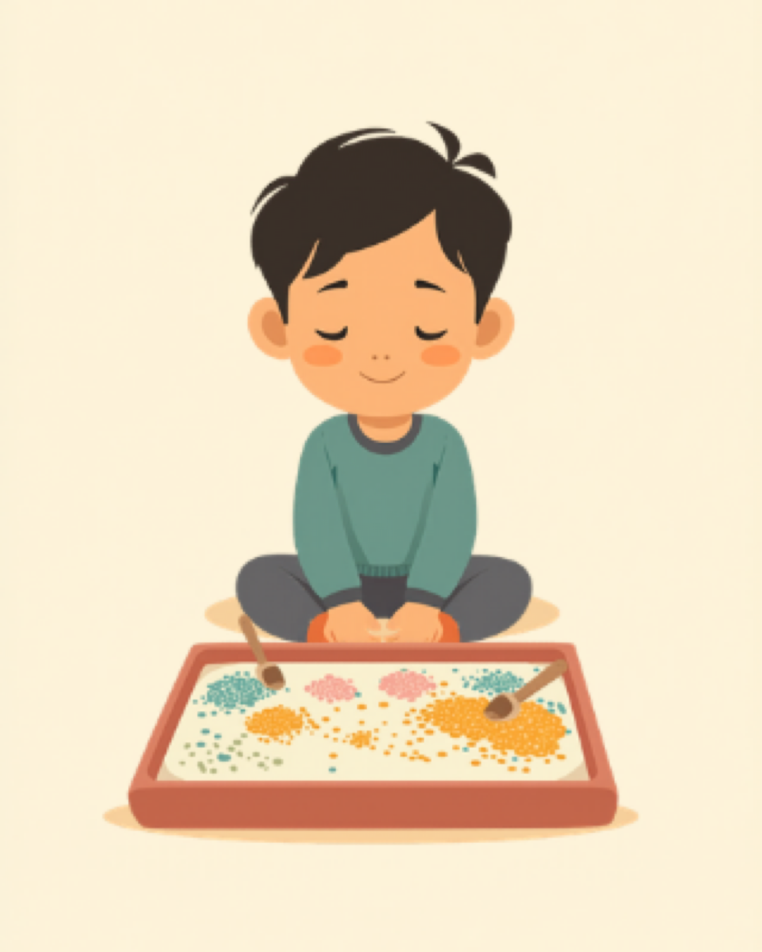 Toddler sitting back from a sensory tray looking calm and satisfied after focused play