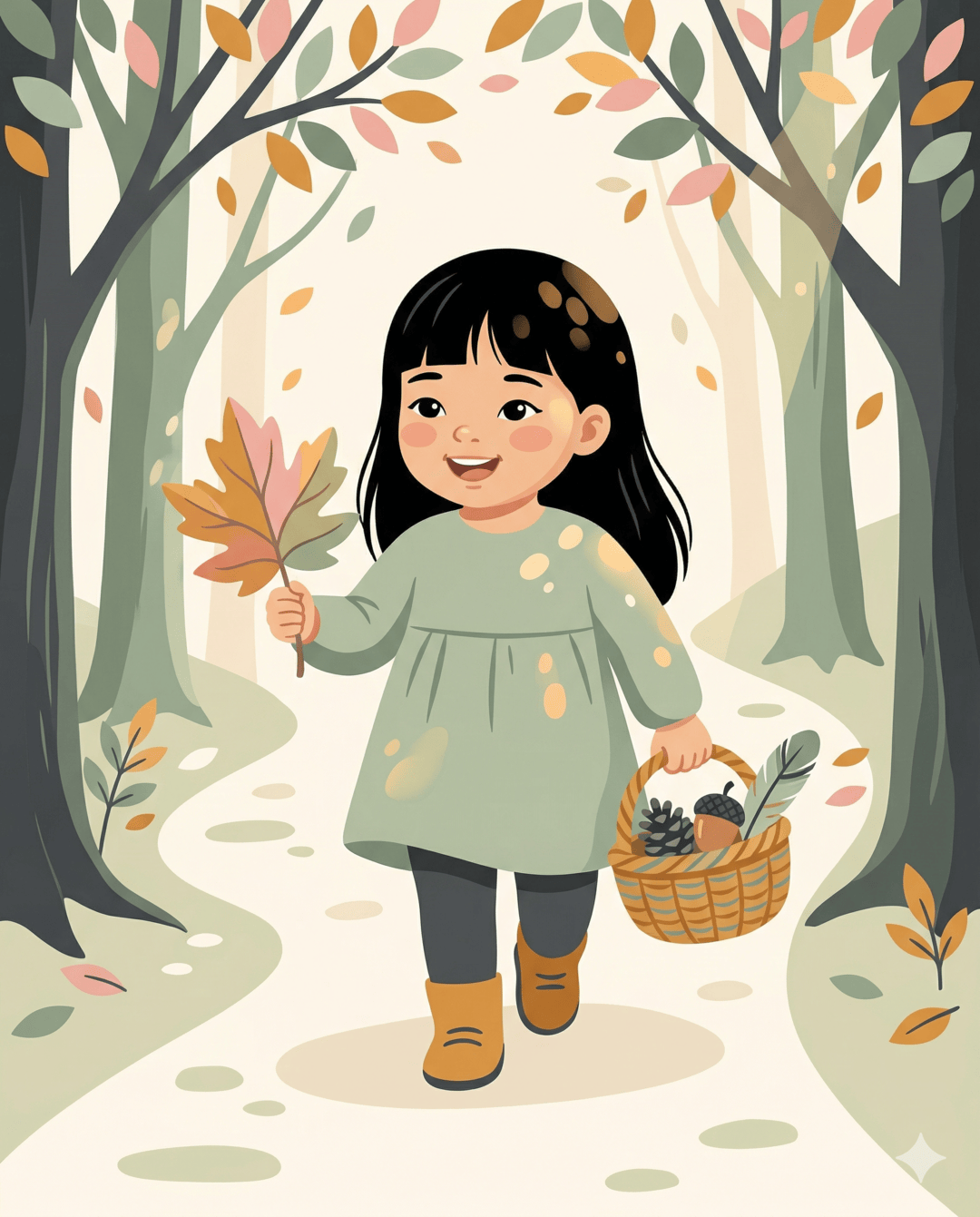 East Asian girl walking an autumn path holding a large leaf and wicker basket of treasures
