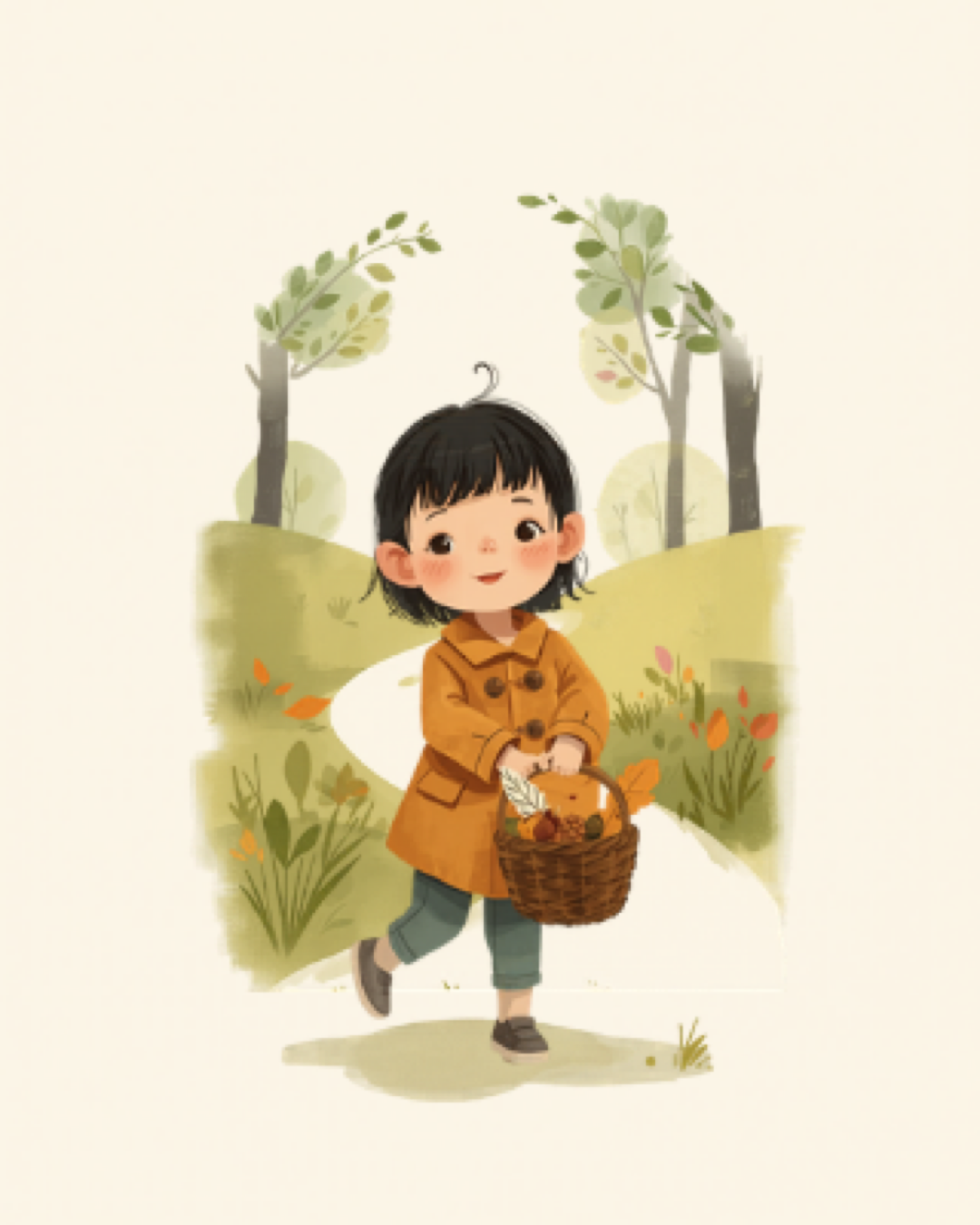 Toddler on a nature path holding a leaf and a basket of pinecones