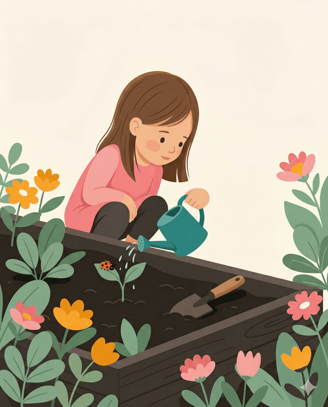 Girl crouching by a raised bed watering a seedling with a teal can, ladybird on a leaf